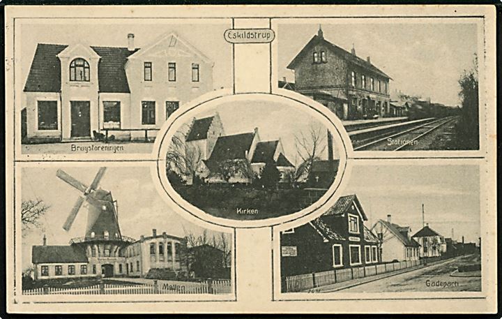 Eskildstrup. Jernbanestationen, Brugsforeningen, Kirken, Møllen og Gadeparti. H. Schmidt u/no. 