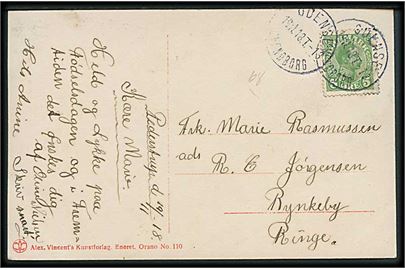5 øre Chr. X på brevkort fra Pederstrup annulleret med bureaustempel Odense - Svendborg T.13 d. 19.11.1918 til Rynkeby pr. Ringe.