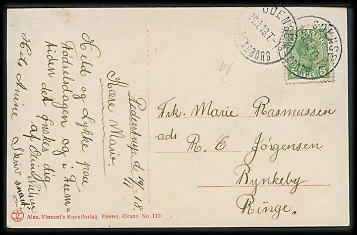 5 øre Chr. X på brevkort fra Pederstrup annulleret med bureaustempel Odense - Svendborg T.13 d. 19.11.1918 til Rynkeby pr. Ringe.