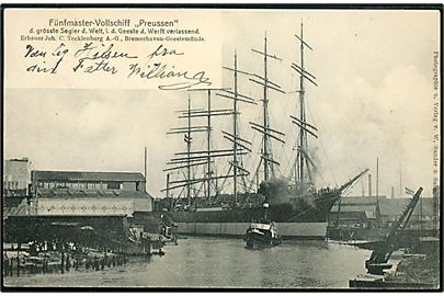 Preussen, 5-mastet fuldskib forlader værft i Bremerhaven-Geestemünde. 