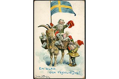 Jenny Nyström: Nisser på ged med julegaver og flag. A. Eliasson no. 9072.
