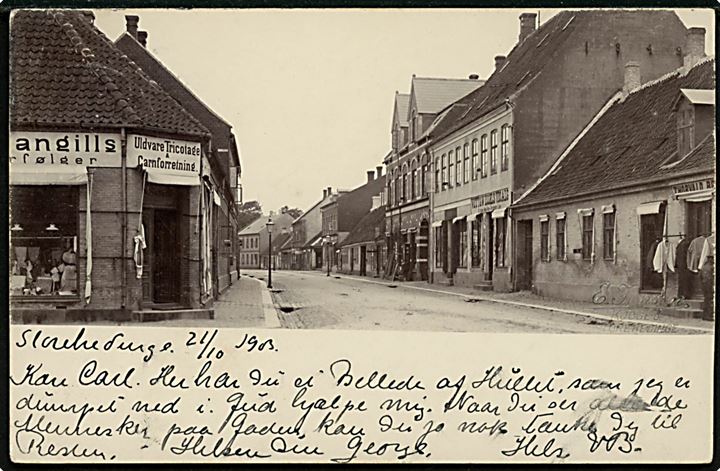 Store Heddinge, gadeparti. Frankeret med 5 øre Våben annulleret med bureaustempel Kjøge - Faxe Lp. T.5 d. 21.10.1903 til Faaborg.