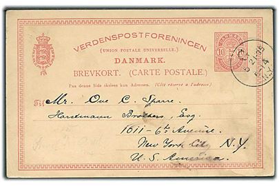 10 øre Våben helsagsbrevkort fra København d. 8.5.1895 til New York, USA. Annulleret ved ankomsten med amerikansk stempel G. N.Y. d. 21.5.1895.