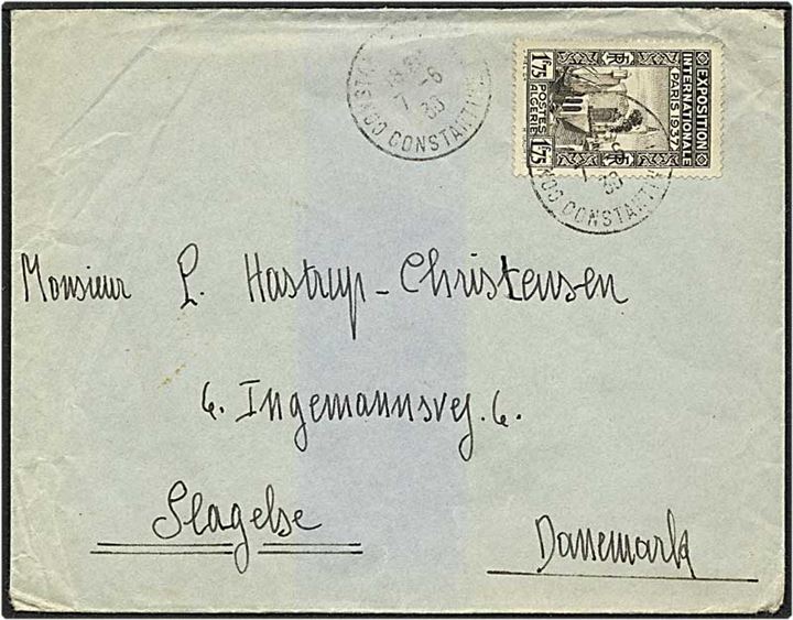 1,75 frank på brev fra Constantine, Algeriet, d. 7.6.1938 til Slagelse. 