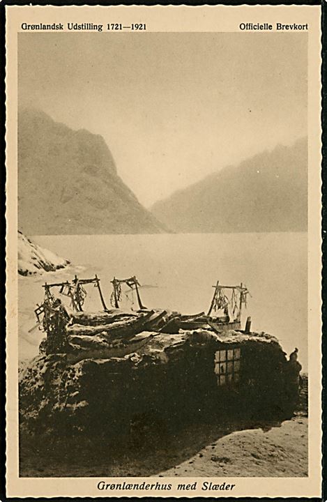 Grønlandsk Udstilling 1721-1921. Grønlænderhus med Slæder. Foto Dr. Berthelsen, Stenders u/no.