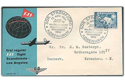 30 øre Isbjørn single på illustreret SAS 1.-flyvningskuvert stemplet Sdr. Strømfjord s. 15.11.1954 via Grønlands Postkontor d. 16.11.1954 til København.