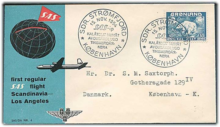 30 øre Isbjørn single på illustreret SAS 1.-flyvningskuvert stemplet Sdr. Strømfjord s. 15.11.1954 via Grønlands Postkontor d. 16.11.1954 til København.
