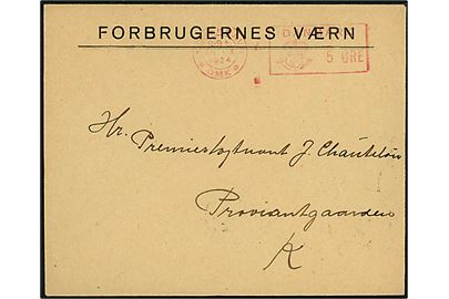 5 øre posthusfranko frankeret lokal tryksag fra Forbrugernes Værn i København d. 25.10.1925. Forbrugernes Værn var en tidlig forbruger organisation som kæmpede mod prisstigninger og kronens faldende værdi. 