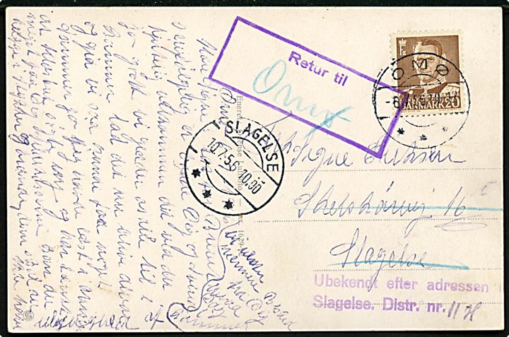 20 øre Fr. IX på brevkort (Omø by, Odense Luftfoto) annulleret brotype IIc Omø d. 8.7.1956 til Slagelse. Retur som ubekendt med flere stempler.