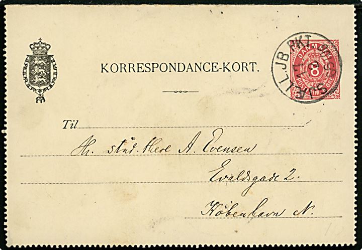 8 øre helsags korrespondancekort dateret i Korsør og annulleret med lapidar bureaustempel Sjæll.JB.PKT. d. 17.2.1897 til København.