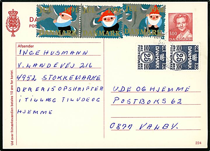 300 øre Margrethe helsagsbrevkort (fabr. 224) opfrankeret med 25 øre Bølgelinie i parstykke og Julemærke 1991 (3) fra Stokkemarke annulleret med svagt stempel ved Lolland-Falsters Postcenter 1991 til Valby.