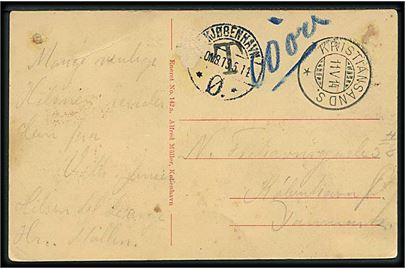 Ufrankeret brevkort fra Kristiansand S. d. 11.5.1914 til København, Danmark. Sort T stempel og udtakseret i 10 øre porto.
