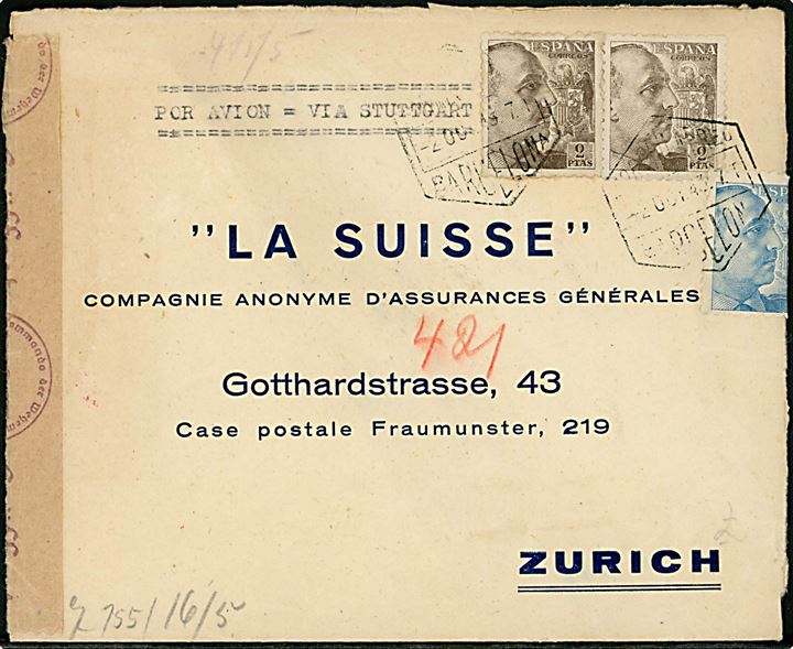 30 cts. og 2 pts. (2) Franco på luftpostbrev fra Barcelona d. 2.10.1943 til Zürich, Schweiz. Påskrevet via Stuttgart med både spansk og tysk censur.