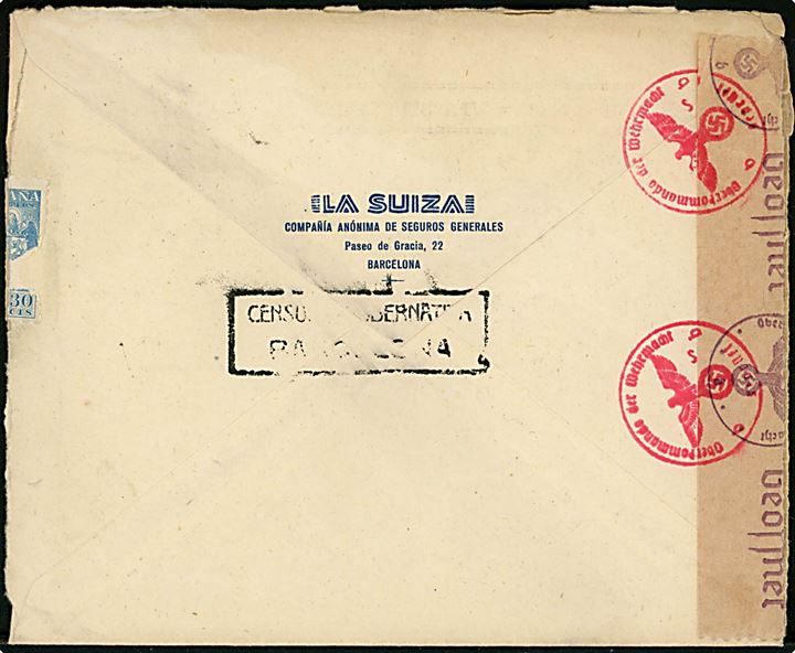 30 cts. og 2 pts. (2) Franco på luftpostbrev fra Barcelona d. 2.10.1943 til Zürich, Schweiz. Påskrevet via Stuttgart med både spansk og tysk censur.
