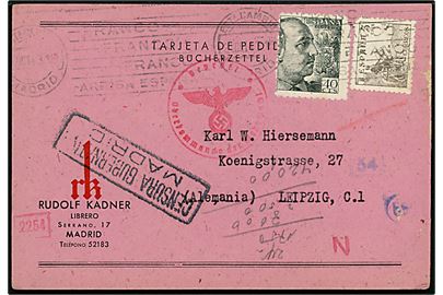 5 cts. Rytter og 40 cts. Franco på brevkort fra Madrid d. 25.10.1943 til Leipzig, Tyskland. Spansk og tysk censur.