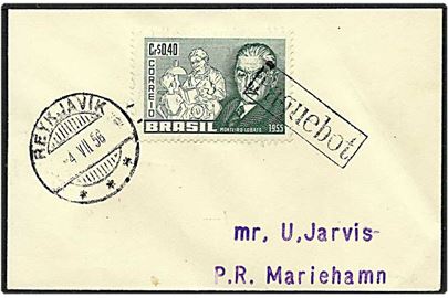 0,40 cr. grøn på brev fra Brasilien via Reykjavik, Island, d. 4.7.1956 til Mariehamn, Åland. Brevet stemplet Paquebot.