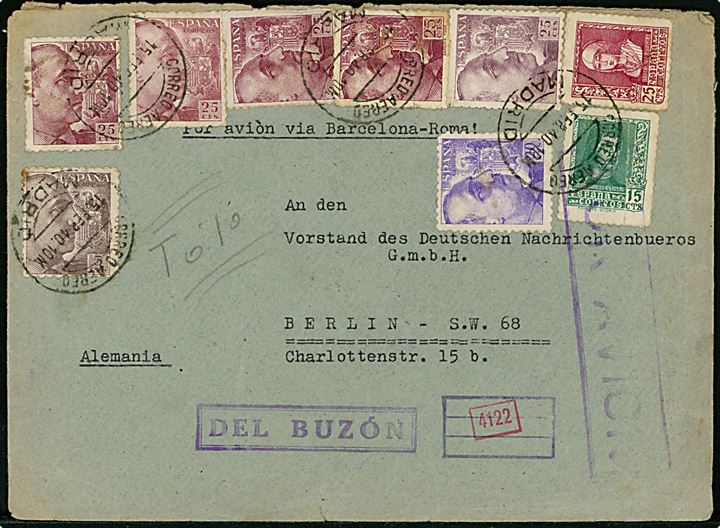 1,90 pta. blandingsfrankeret luftpostbrev mærket via Barcelona - Roma fra Madrid d. 15.2.1940 til Berlin, Tyskland. Spansk og tysk censur.