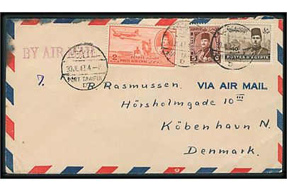 47 mills blandingsfrankeret luftpostbrev fra Port Tawfik d. 30.7.1947 til København, Danmark. Fra sømand ombord på ØK-skibet M/S Kambodia.