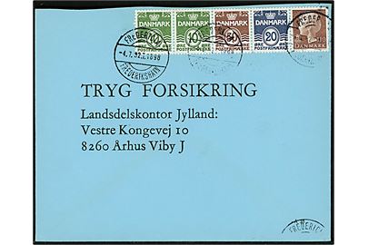 komplet 2 kr. hæftesammentryk på brev annulleret med bureaustempel Fredericia - Frederikshavn T.1898 d. 4.7.1982 til Århus.