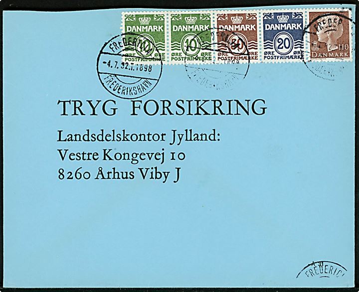 komplet 2 kr. hæftesammentryk på brev annulleret med bureaustempel Fredericia - Frederikshavn T.1898 d. 4.7.1982 til Århus.