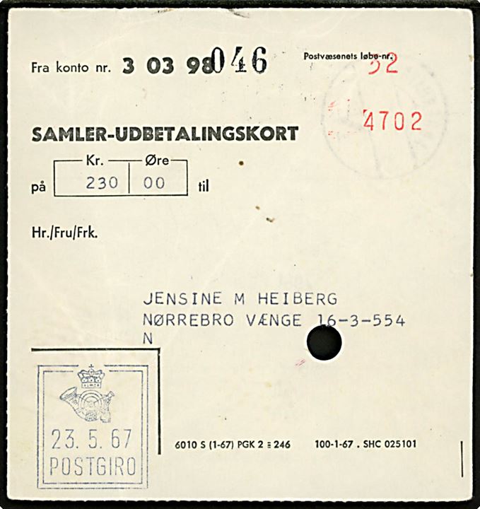 Samler-Udbetalingskort - formular 6010 S (1-67) med rammestempel POSTGIRO d. 23.5.1967.