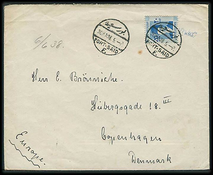 20 mills single på brev fra Port Said d. 30.5.1938 til København, Danmark. Fra ØK-skibet M/S Afrika. Blåt liniestempel: M/S Afrika delvist under frankatur.