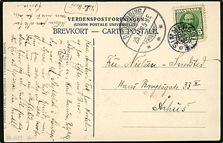 5 øre Fr. VIII på brevkort (Tranekær Fyr) annulleret med stjernestempel SIMMERBØLLE og sidestemplet Rudkjøbing d. 25.1.1908 til Aarhus.