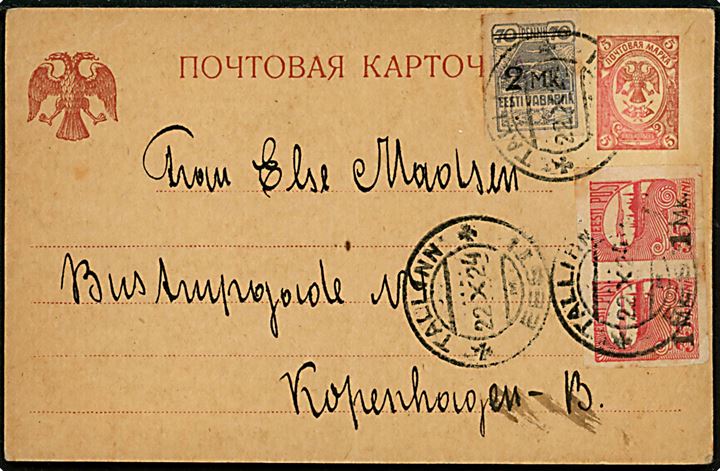 Russisk 5 kop. helsagsbrevkort benyttet som brevkort frankeret 1 mk./35 p. (par) og 2 mk./70 p. utakket provisorium fra Tallinn d. 22.10.1924 til København, Danmark.