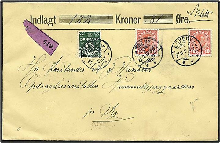 5 øre grøn bølgelinie og 10 øre rød Chr. X på værdibrev fra Fanefjord Sogneråd d. 27.11.1913 til Ry.