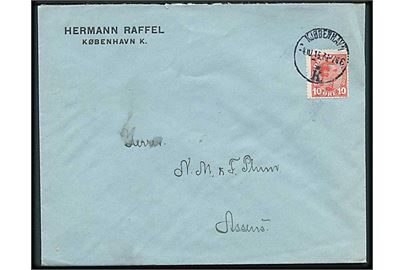 10 øre Chr. X med perfin H.R. på firmakuvert fra Hermann Raffel i Kjøbenhavn d. 4.10.1915 til Assens.