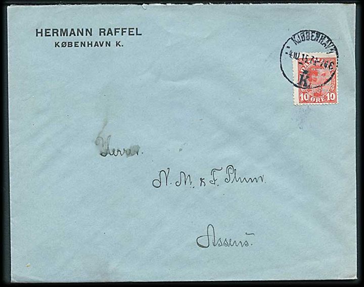 10 øre Chr. X med perfin H.R. på firmakuvert fra Hermann Raffel i Kjøbenhavn d. 4.10.1915 til Assens.