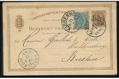 6 øre helsagsbrevkort opfrankeret med 4 øre Tofarvet fra Kjøbenhavn d. 27.8.1883 til Breslau, Tyskland.