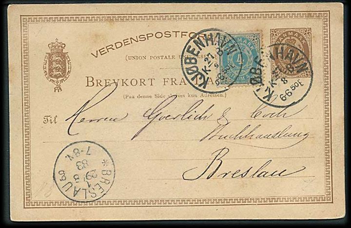 6 øre helsagsbrevkort opfrankeret med 4 øre Tofarvet fra Kjøbenhavn d. 27.8.1883 til Breslau, Tyskland.