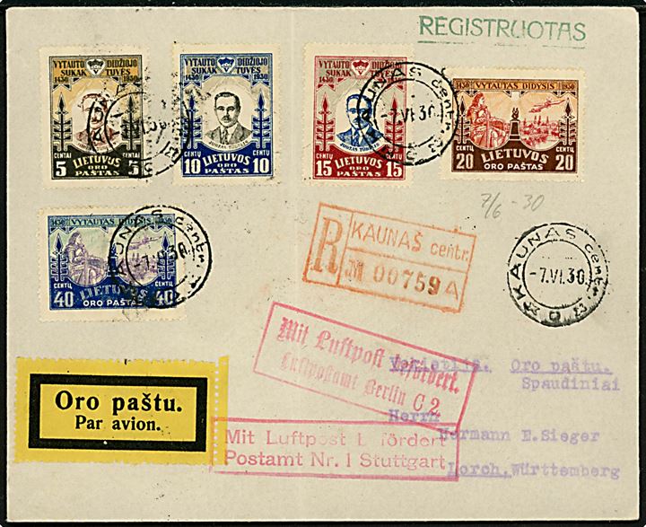 5 c., 10 c., 15 c. 20 c. og 40 c. Vytautus Luftpost udg. på anbefalet luftpostbrev fra Kaunas d. 7.6.1930 via Berlin og Stuttgart til Lorch, Tyskland.