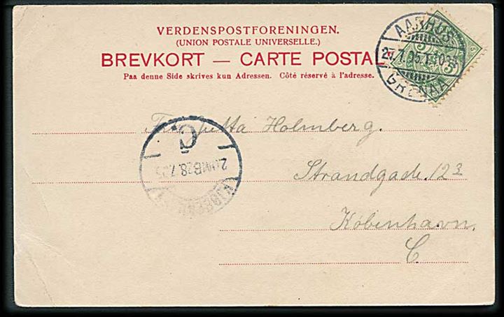 5 øre Våben på brevkort fra Hjortshøj annulleret med bureaustempel Aarhus - Grenaa T.1034 d. 27.7.1905 til Kjøbenhavn. 