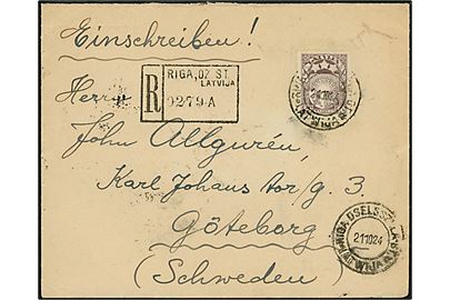 1 s. (fireblok) og 50 c. Våben på for- og bagside af anbefalet brev fra Riga d. 21.10.1924 til Göteborg, Sverige.
