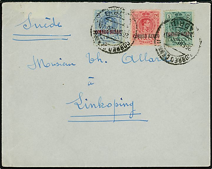 5 c., 10 c. og 25 c. Alfonso XIII Correo Aereo luftpost provisorium på brev fra Madrid d. 26.1.1930 til Linköping, Sverige.