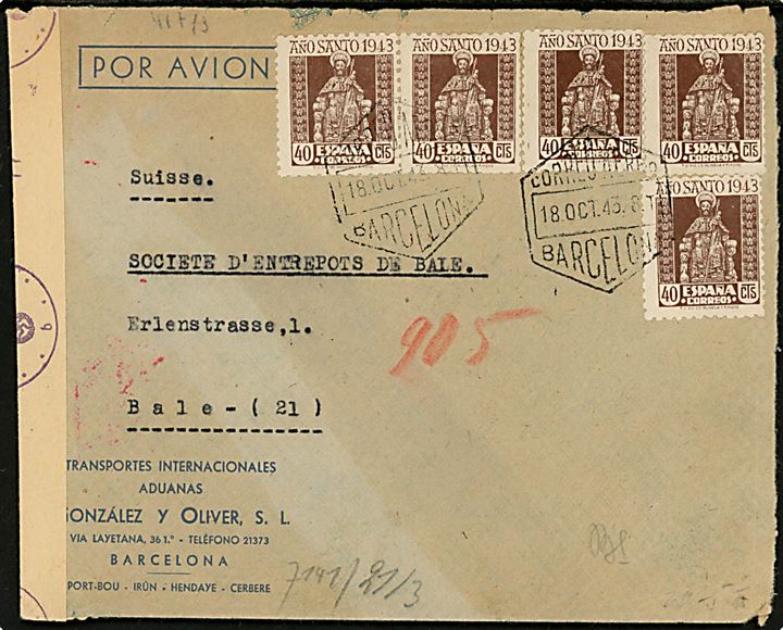 40 cts. Ano Santo 1943 (5) på luftpostbrev fra Barcelona d. 18.10.1943 til Basel, Schweiz. Spansk censur fra Barcelona og åbnet af tysk censur i Berlin.