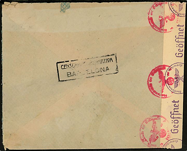 40 cts. Ano Santo 1943 (5) på luftpostbrev fra Barcelona d. 18.10.1943 til Basel, Schweiz. Spansk censur fra Barcelona og åbnet af tysk censur i Berlin.