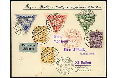 1 s., 2 s. (2) Våben, 10 s., 15 s. og 25 s. 3-kanstet Luftpost udg. på luftpostbrev fra Riga d. 9.7.1931 via Berlin og Zürich til St. Gallen, Schweiz.