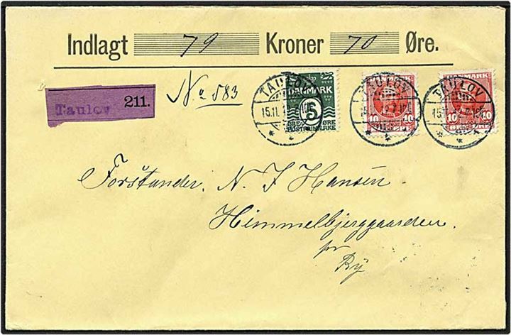 5 øre grøn bølgelinie og 10 øre rød Fr. VIII på værdibrev fra Herslev Sogneråd d. 15.11.1912 til Ry.