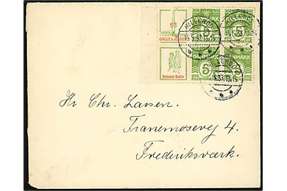 5 øre Bølgelinie (4), samt Galle & Jessen og Børnenes Kontor reklamemærke, i sammentrykt 6-blok på brev fra Hillerød d. 15.5.1933 til Frederiksværk. 