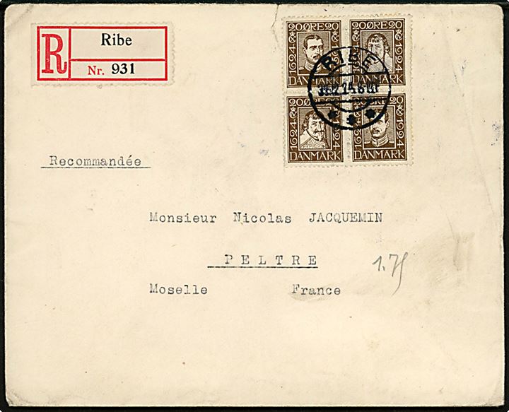 20 øre Chr. X og Chr. IV Postjubilæum i sammentrykt fireblok på anbefalet brev fra Ribe d. 31.12.1924 til Peltre, Frankrig.
