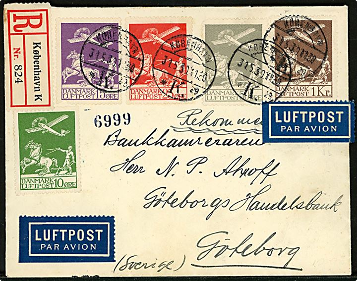 Komplet sæt gl. Luftpost udg. på filatelistisk anbefalet luftpostbrev fra København d. 31.5.1930 til Göteborg, Sverige.