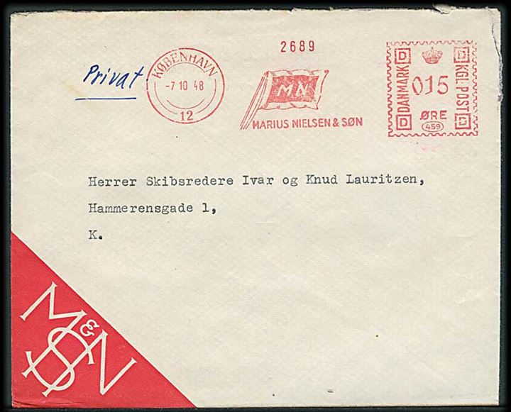 15 øre Firmafranko fra Marius Nielsen & Søn på lokalbrev i København d. 7.10.1948.