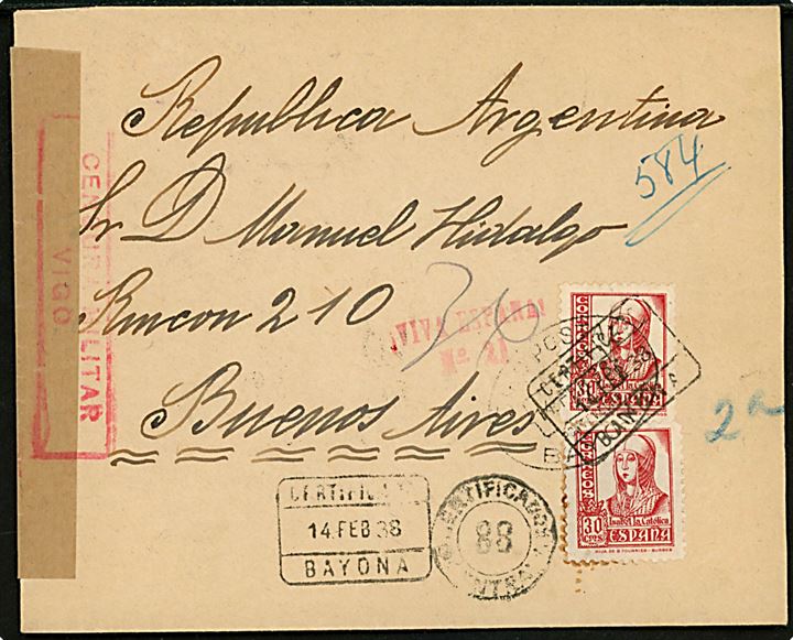 30 cts. Isabel (2) på anbefalet brev fra Bayona d. 14.2.1938 til Buenos Aires, Argentina. Åbnet af spansk censur i Vigo.