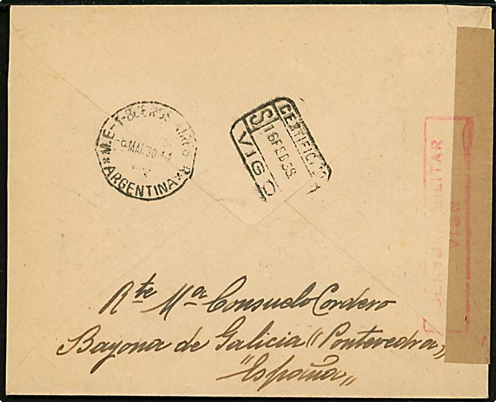 30 cts. Isabel (2) på anbefalet brev fra Bayona d. 14.2.1938 til Buenos Aires, Argentina. Åbnet af spansk censur i Vigo.
