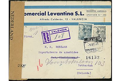 50 cts. og 1 pta. Franco på anbefalet brev fra Valencia d. 5.9.1945 til Rotterdam, Holland. Spansk censur fra Madrid og åbnet af hollandsk efterkrigscensur.