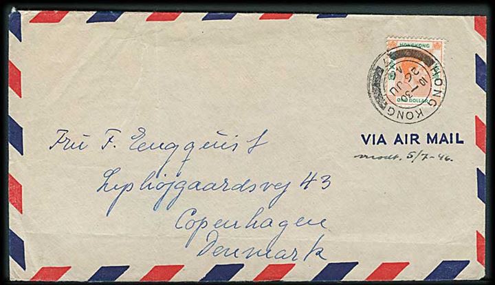 $1 George VI single på luftpostbrev fra Hong Kong d. 26.6.1946 til København, Danmark. Fra sømand ombord på M/S Malacca.