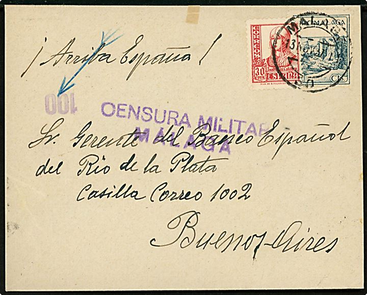 30 cts. Isabel og Malaga velgørenhed på brev fra Malaga d. 13.11.1937 til Buenos Aires, Argentina. Lokal spansk censur fra Malaga.